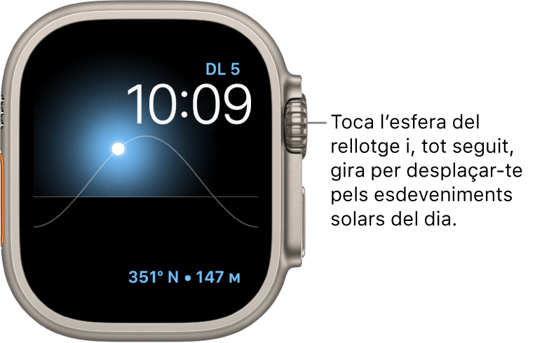 L’esfera Gràfic solar mostra el dia, la data i l’hora actual, que no es poden modificar. A baix de tot a la dreta hi ha la complicació “Rumb de la brúixola”. Toca l’esfera i gira la Digital Crown per moure el sol pel crepuscle, l’alba, el zenit, la posta i la foscor.