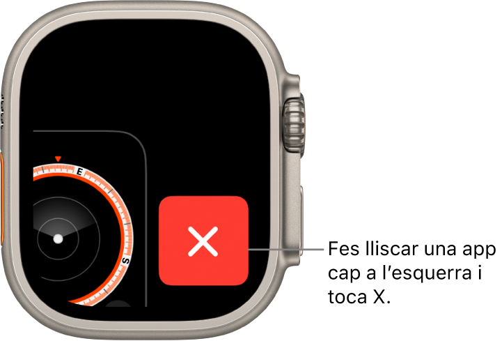 El selector d’apps mostra una X gran a la dreta i una part de l’app a l’esquerra. Toca la “X” per eliminar l’app del selector d’apps.