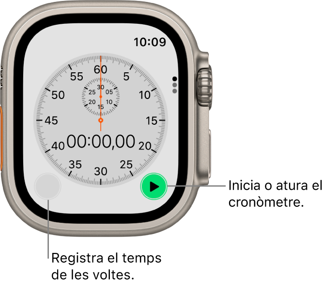 Pantalla del cronòmetre analògic. Toca el botó de la dreta per iniciar o aturar el cronòmetre, i el botó de l’esquerra per gravar els temps per volta.