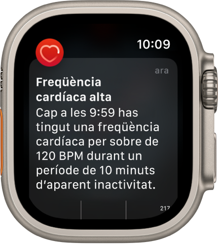 Pantalla “Freqüència cardíaca alta” amb una notificació que indica que la teva freqüència cardíaca ha superat els 120 bpm durant 10 minuts mentre semblava que no tenies activitat.