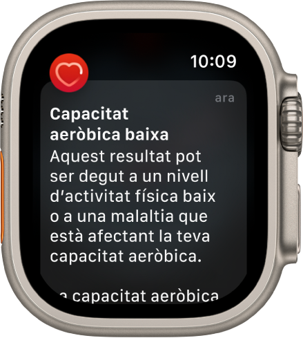 Un avís de freqüència cardíaca que indica una dada cardiovascular baixa.