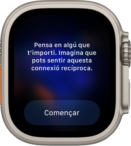 L’app Atenció Plena mostra un pensament sobre el qual pots reflexionar. Hi posa: “Pensa en algú que t’importa. Imagina que pots sentir la teva connexió amb aquesta persona”. El botó Començar és a sota.
