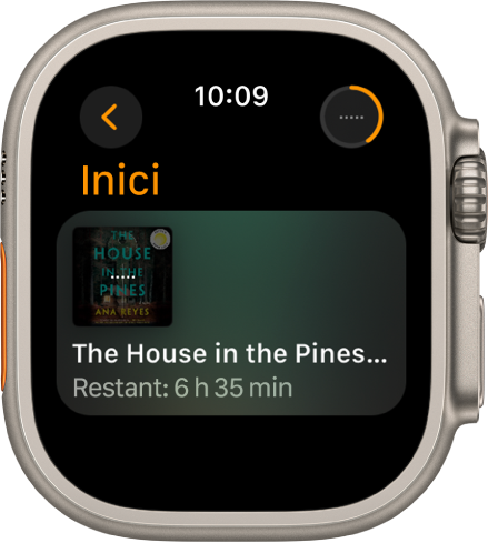 Pantalla d’inici de l’app Audiollibres A la part superior dreta hi ha el botó “Ara Sona”. Al mig es mostra el llibre que s’està reproduint i, a sota del títol, el temps restant.