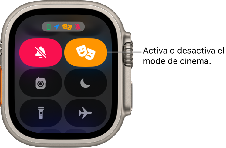 El centre de control amb els botons del mode Cinema i del mode de silenci ressaltats per mostrar que el mode Avió està activat.