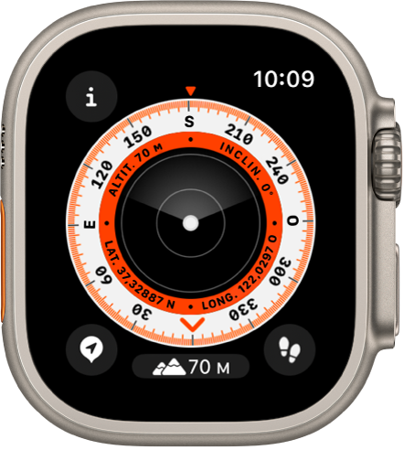 L’app Brúixola mostra una esfera amb l’altitud, la inclinació i les coordenades a l’anell interior. L’anell exterior mostra el rumb de la brúixola en graus. El botó Informació és a la part superior esquerra; el botó “Punts de referència”, a la part inferior esquerra; el botó Altitud, a la part inferior central; i el botó Retorn, a la part inferior dreta.