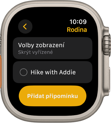 Aplikace Připomínky se zobrazenou připomínkou. Nahoře je vidět tlačítko Volby zobrazení a pod ním připomínka. Dole se nachází tlačítko Přidat připomínku.