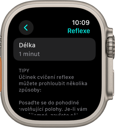 Obrazovka aplikace Všímavost, na níž je nahoře zobrazená doba jedné minuty. Pod ní jsou tipy a návrhy, jak vylepšit cvičení reflexe.