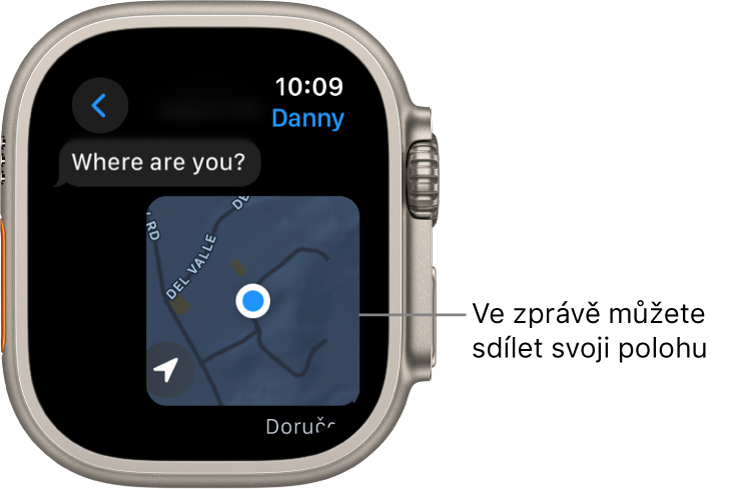 Aplikace Zprávy s mapou, na které je označená něčí poloha