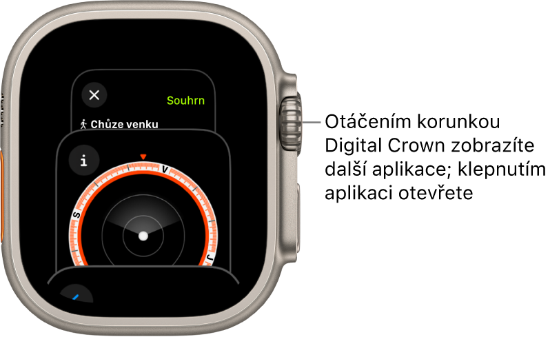 Přepínač aplikací zobrazující aplikaci Kompas. Otáčením korunkou Digital Crown zobrazíte další aplikace. Jednu z nich otevřete klepnutím