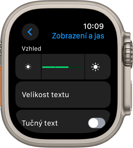 Nastavení Displej a jas na Apple Watch s jezdcem jasu nahoře a tlačítkem Velikost textu pod ním