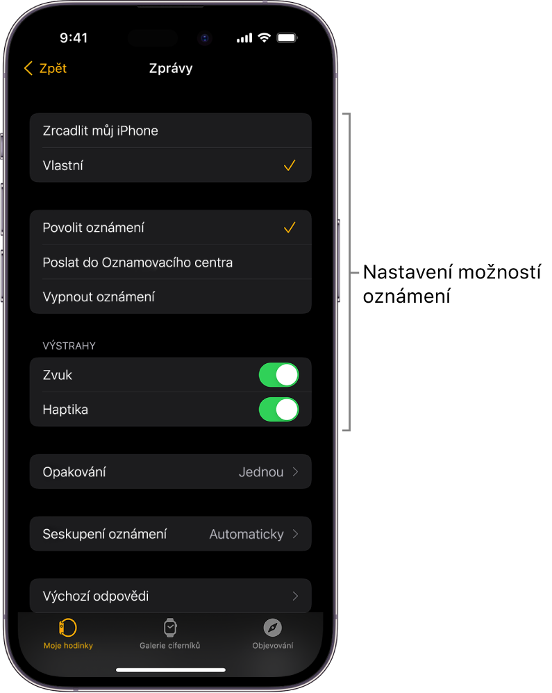 Nastavení Zpráv v aplikaci Apple Watch na iPhonu. Zde můžete určit, jestli se mají zobrazovat upozornění, nebo zapnout zvuk, haptická oznámení a opakovaná upozornění.