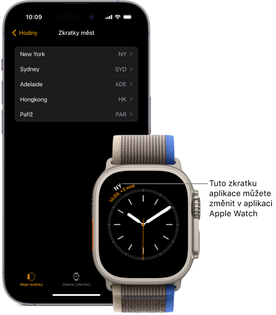 iPhone a Apple Watch ležící vedle sebe. Na displeji Apple Watch se zobrazuje čas v New Yorku, uvedený pod zkratkou NYC. Displej iPhonu zobrazující seznam měst v nastavení hodin v aplikaci Apple Watch.