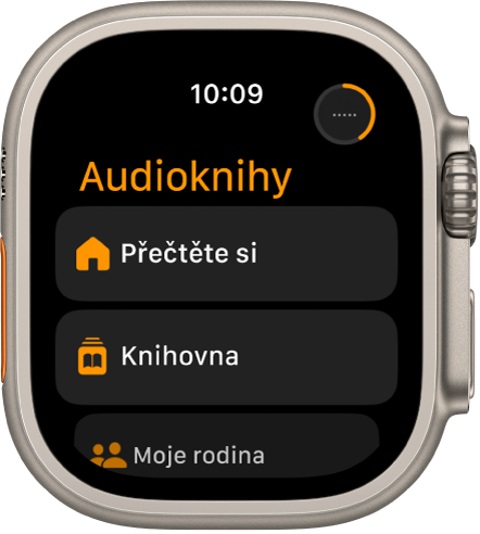 Aplikace Audioknihy s tlačítky Pusťte si, Knihovna a Moje rodina