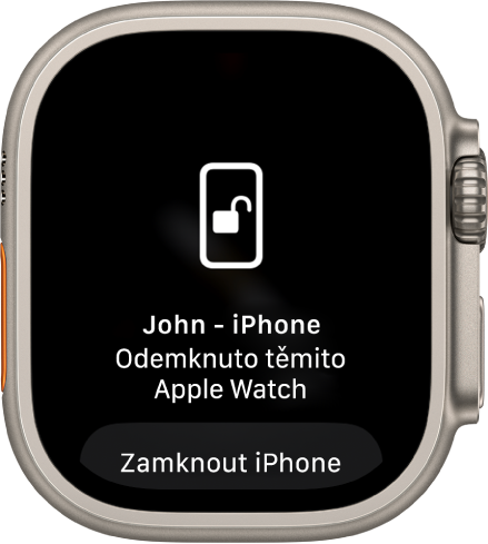 Displej Apple Watch se slovy: „iPhone uživatele John byl odemknut těmito Apple Watch.“ Dole je vidět tlačítko Zamknout iPhone.