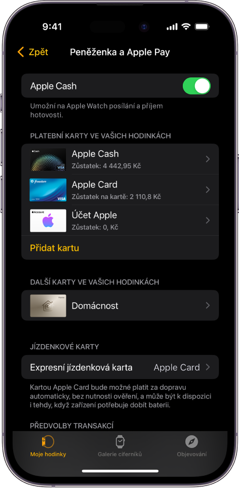Obrazovka Peněženka a Apple Pay v aplikaci Apple Watch na iPhonu. Na obrazovce jsou vidět karty přidané do Apple Watch a karta, kterou jste vybrali k použití v expresním jízdenkovém režimu.
