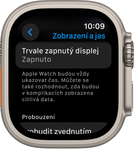 Obrazovka Zobrazení a jas s tlačítkem Vždy zapnuto