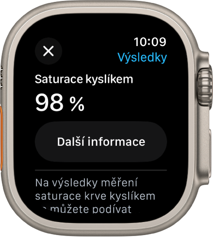 Obrazovka s výsledky měření hladiny kyslíku v krvi, udávající hodnotu saturace kyslíkem 98 procent. Dole se zobrazuje tlačítko Další informace.