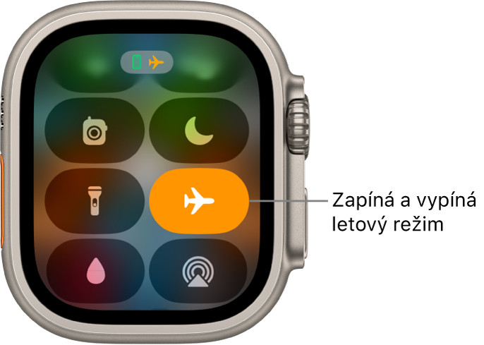 Ovládací centrum se zvýrazněným tlačítkem Letový režim, což znamená, že je zapnutá funkce Letový režim.