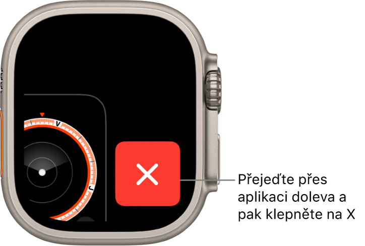 Přepínač aplikací se zobrazeným symbolem X na pravé straně a částí aplikace nalevo. Klepnutím na X aplikaci z přepínače aplikací odstraníte.