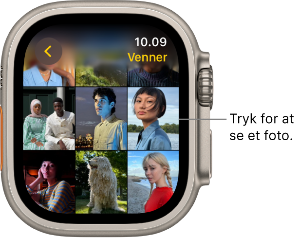 Hovedskærmen i appen Fotos på Apple Watch med flere fotos vist i et net.
