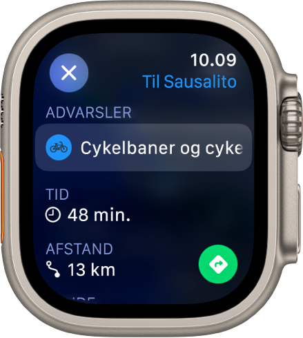 Appen Kort, der viser oplysninger om en cykeltur. Advarsler om ruten vises øverst, og tidspunktet og afstanden til destinationen vises nedenunder. Knappen Kør findes nederst til højre.