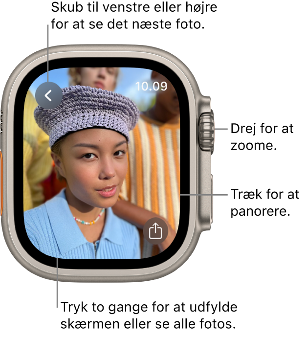Mens du får vist et foto, kan du zoome ved at dreje på Digital Crown, panorere ved at trække, eller skifte mellem at se hele fotoet og fylde hele skærmen ved at trykke to gange. Skub til venstre eller højre for at se det næste foto. Knappen Del findes nederst til højre.
