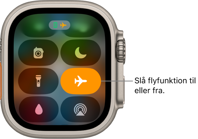 Kontrolcenter med knappen Flyfunktion markeret viser, at Flyfunktion er slået til.