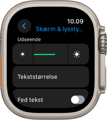 Indstillingerne Skærm & lysstyrke på Apple Watch, med mærket Lysstyrke foroven og knappen Tekststørrelse nedenunder.