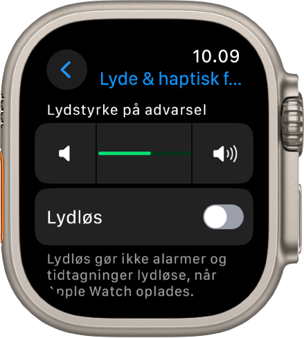 Indstillinger til Lyde & haptisk feedback på Apple Watch med mærket Lydstyrke på advarsel øverst og kontakten Lydløs nedenunder.