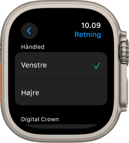 Skærmen Retning på Apple Watch. Du kan indstille retning for håndled og for Digital Crown.