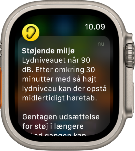 Apple Watch viser en notifikation om Støj. Symbolet for den app, der hører til notifikationen, vises øverst til venstre. Du kan åbne appen ved at trykke på symbolet.