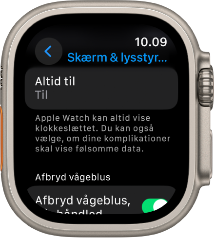 Skærmen Skærm & lysstyrke med knappen Altid til.