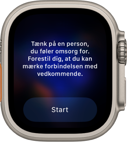Appen Mindfulness viser en tanke, du kan reflektere over – ”Tænk på nogen, du holder af. Forestil dig, at du føler en forbindelse til dem”. Knappen Start er nedenunder.