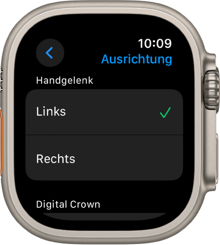 Die Anzeige „Ausrichtung“ auf der Apple Watch. Du kannst die Einstellungen für Handgelenk und Digital Crown ändern.