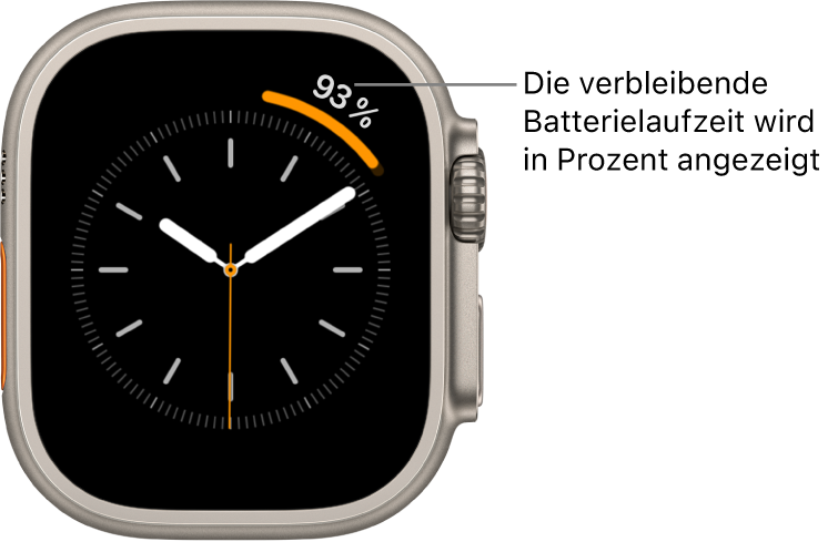 Zifferblatt mit der Komplikation für die Batterieladung in Prozent oben rechts.