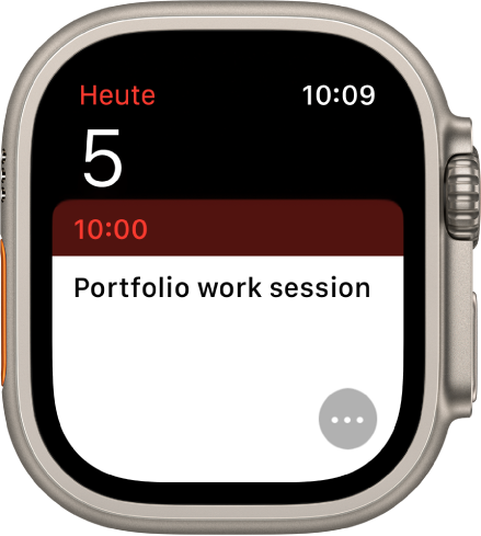 Die App „Kalender“ mit dem Datum, der Uhrzeit und dem Titel eines Ereignisses. Unten rechts befindet sich die Taste „Mehr“.