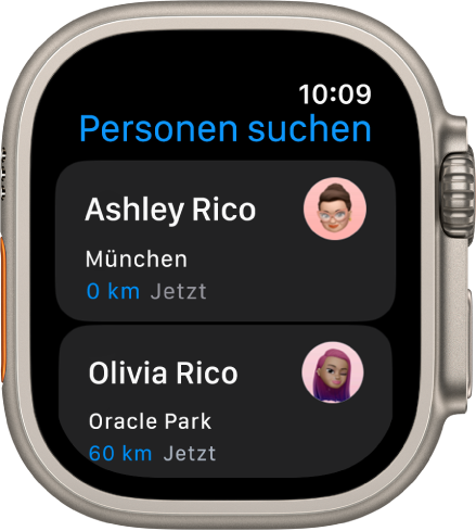 Die App „Personen suchen“ mit zwei Freund:innen und deren ungefährem Standort.