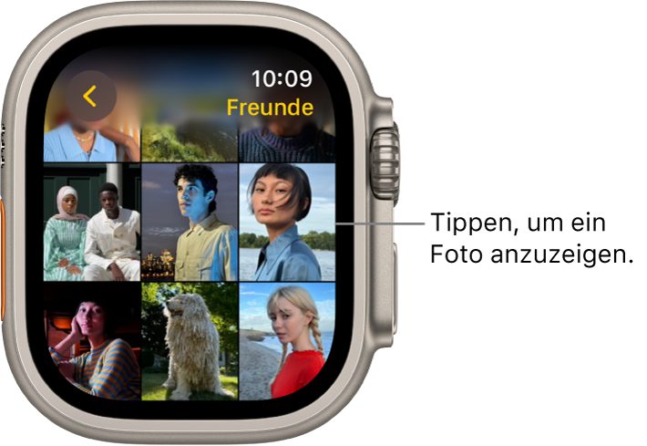 Der Hauptbildschirm der App „Fotos“ auf der Apple Watch mit mehreren Fotos in einem Raster.