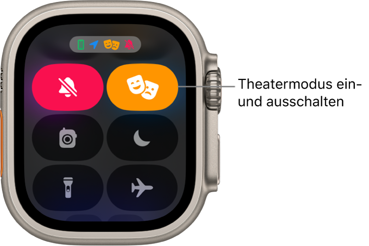 Kontrollzentrum mit den Tasten „Theatermodus“ und „Stummmodus“, die hervorgehoben sind, um zu zeigen, dass der Theatermodus aktiviert ist.