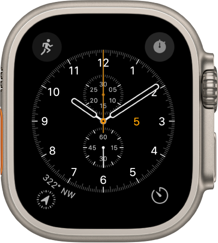 Das Zifferblatt „Chronograph“, auf dem du die Farbe und Details des Zifferblatts anpassen kannst. Es sind vier Komplikationen zu sehen: „Training“ oben links, „Stoppuhr“ oben rechts, „Kompass“ unten links und „Timer“ unten rechts.