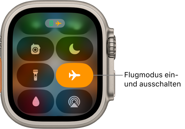 Kontrollzentrum mit hervorgehobener Taste „Flugmodus“, die anzeigt, dass der Flugmodus aktiviert ist.