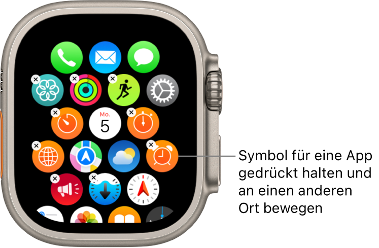 Home-Bildschirm auf der Apple Watch in der Rasterdarstellung.