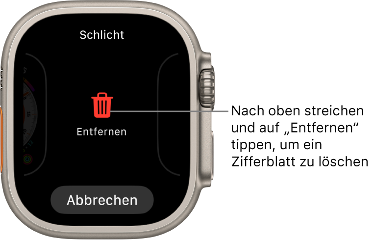 Display der Apple Watch mit den Tasten „Entfernen“ und „Abbrechen“, die angezeigt werden, wenn du zu einem Zifferblatt streichst und auf diesem nach oben streichst, um es zu löschen.