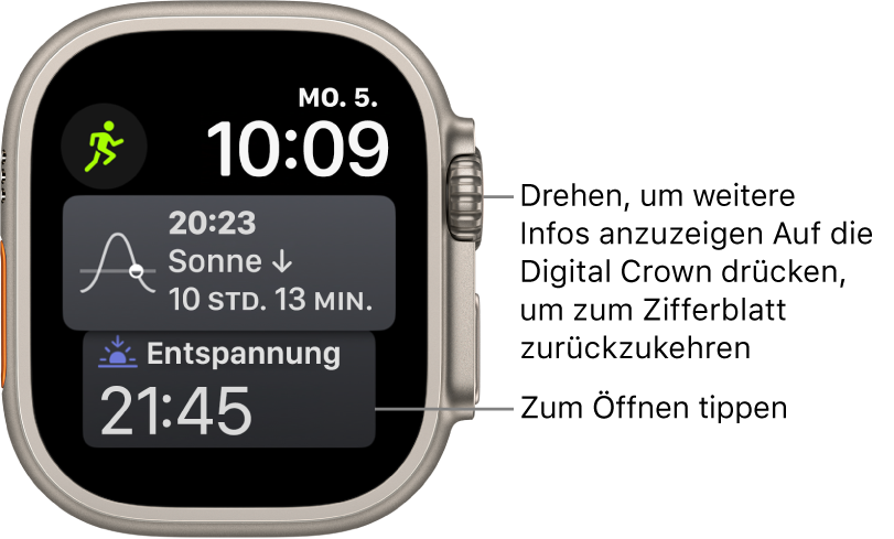 Das Zifferblatt „Siri“ mit Datum und Uhrzeit oben rechts. Oben links befindet sich die Komplikation „Mondphase“. Darunter ist die Komplikation „Sonnenaufgang/Sonnenuntergang“. Unten befindet sich die Komplikation „Schlaf“.