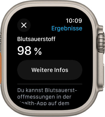 Die Ergebnisse der App „Blutsauerstoff“ zeigen eine Sauerstoffsättigung im Blut von 98 Prozent. Darunter befindet sich die Taste „Weitere Infos“.