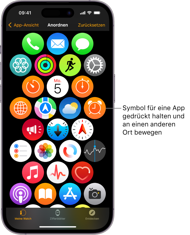 Die Anzeige „Apps anordnen“ der Apple Watch-App mit in einem Raster angeordneten Apps.