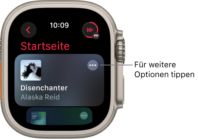 Die App „Musik“ mit dem Home-Bildschirm, auf dem ein Album angezeigt wird. Rechts ist die Taste „Weitere Optionen“. Oben rechts ist die Taste „Jetzt läuft“. Oben links ist die Taste „Zurück“.