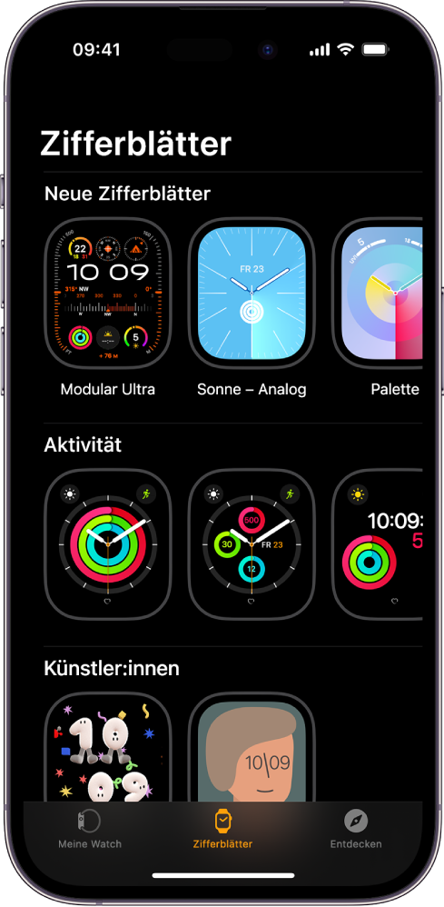 In der geöffneten Apple Watch-App ist die Zifferblattgalerie zu sehen. In der oberen Reihe befinden sich die neuen Zifferblätter, in den folgenden Reihen nach dem Typ gruppierte Zifferblätter – beispielsweise „Aktivität“ und „Künstler:innen“. Durch Scrollen kannst du dir weitere nach Typ gruppierte Zifferblätter ansehen.