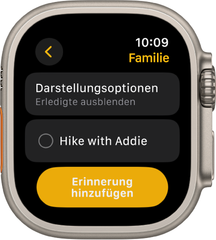 Die App „Erinnerungen“ mit einer Erinnerung. Oben befindet sich die Taste „Optionen anzeigen“, darunter eine Erinnerung. Unten ist die Taste „Erinnerung hinzufügen“.