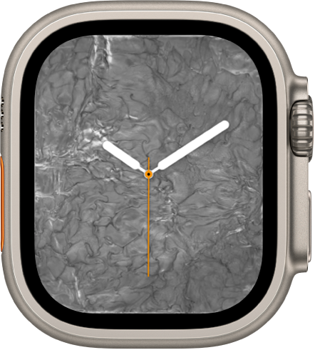 Das Zifferblatt „Flüssigmetall“ zeigt eine analoge Uhr in der Mitte umgeben von Flüssigmetall.